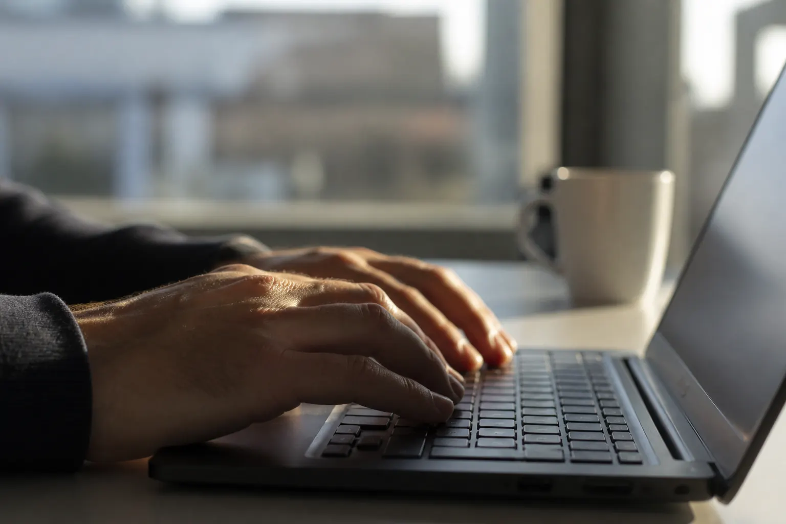 Hender på et tastatur i et kontor, i sidelys fra et vindu.