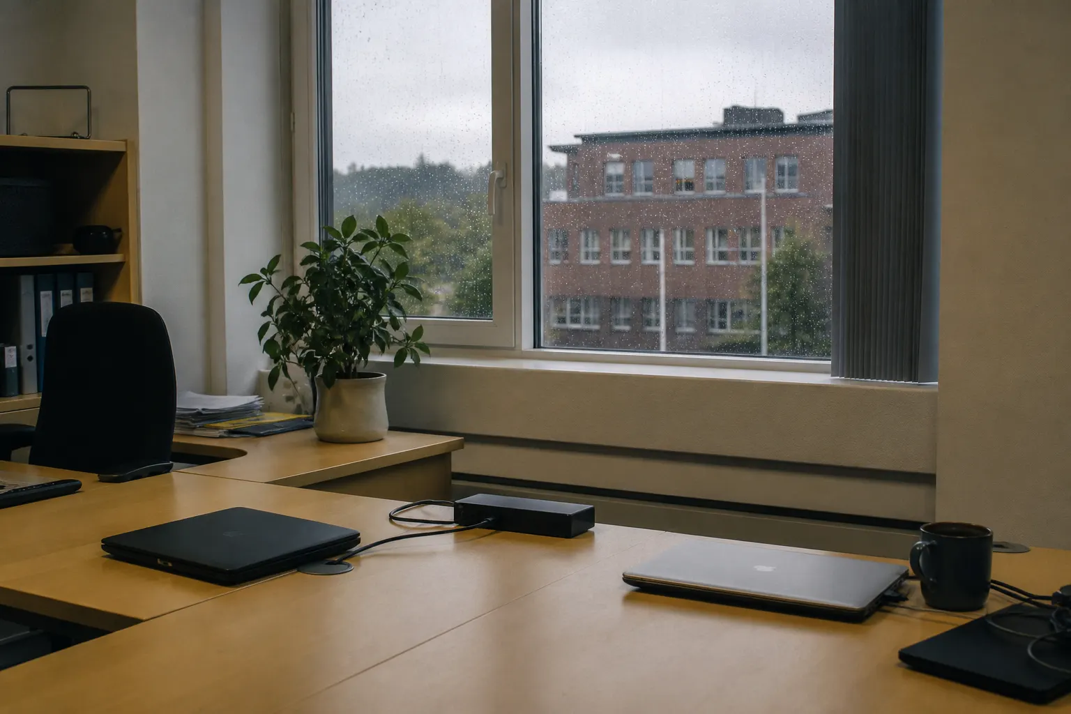 Et vanlig norsk kontor med pult og bærbare maskiner, sett mot et vindu i regn.